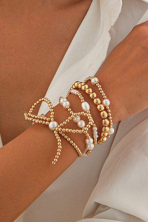 Multi Strand Faux Pearl Beaded Bow Charm Bracelet Set