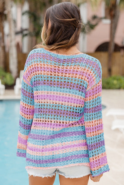 Multi Stripe Open Knit Sweater Beach Cover Up