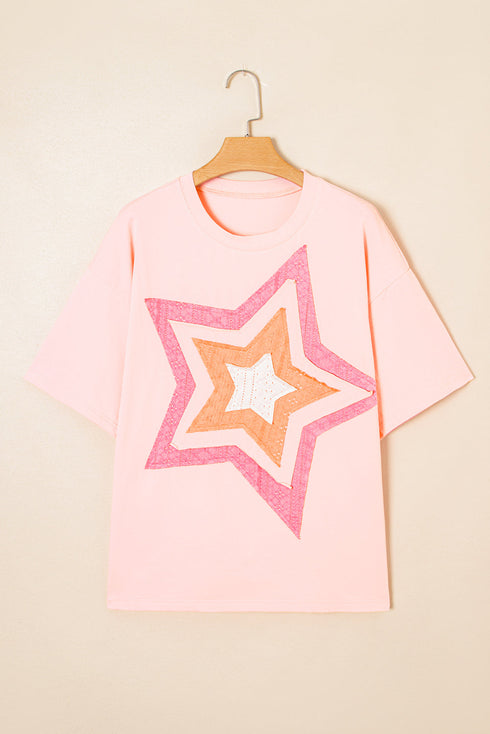 Multi Texture Layered Star Applique Plus Size Graphic Tee