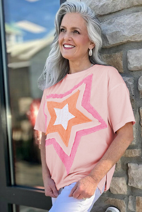 Multi Texture Layered Star Applique Plus Size Graphic Tee