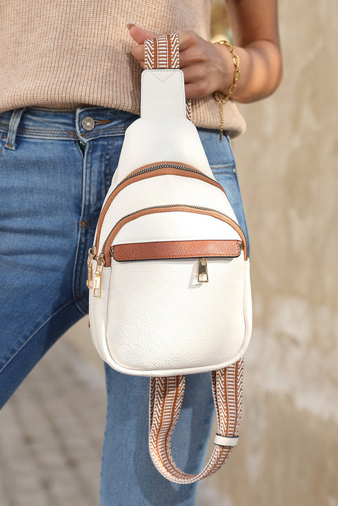 Multi Zip Crescent Shaped Faux Leather Street Sling Bag