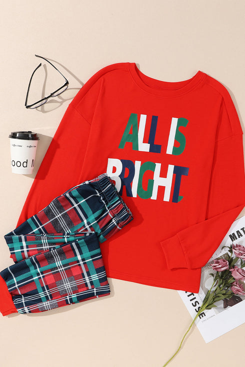 Multicolor ALL IS BRIGHT Graphic Christmas Plaid Pajamas Set