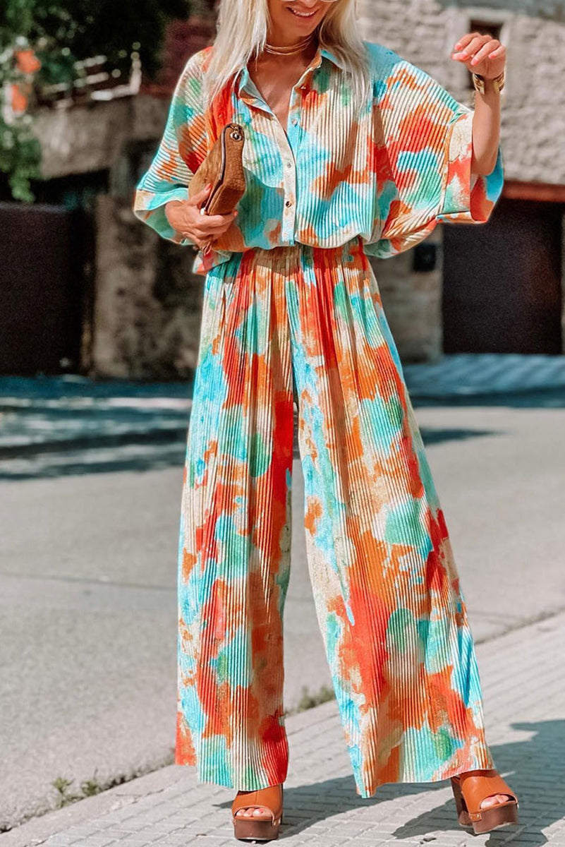 Multicolor Bohemian Tie Dye Pleated Shirt Collar Loose Jumpsuit