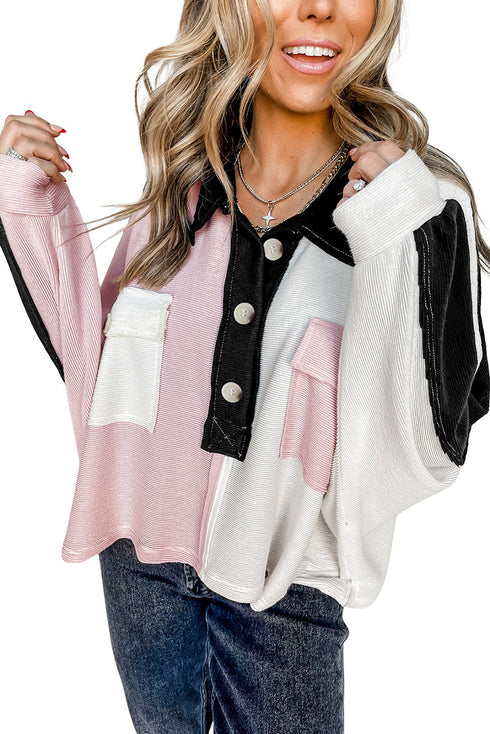 Multicolor Colorblock Flap Pockets Henley Collared Top
