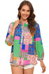 Multicolor Floral Patchwork Print Buttoned Puff Sleeve Shirt