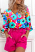 Multicolor Floral Print V Neck 3/4 Sleeve Blouse