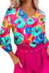 Multicolor Floral Print V Neck 3/4 Sleeve Blouse
