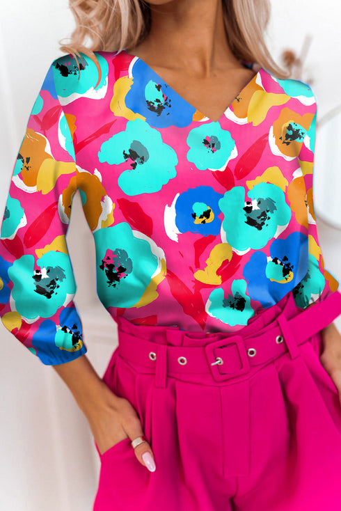Multicolor Floral Print V Neck 3/4 Sleeve Blouse