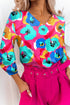 Multicolor Floral Print V Neck 3/4 Sleeve Blouse