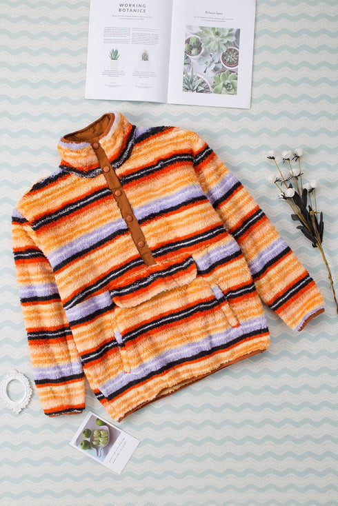 Multicolor Striped Kangaroo Pocket Buttoned Sherpa Sweatshirt