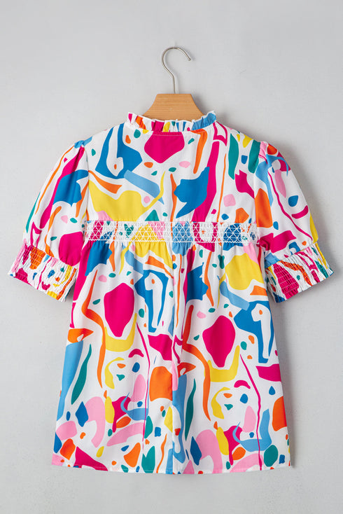 Multicolour Abstract Print Lace Detail Shirred Short Sleeve Split Neck Blouse