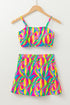 Multicolour Abstract Print Textured Spaghetti Strap High Waist Bikini Set