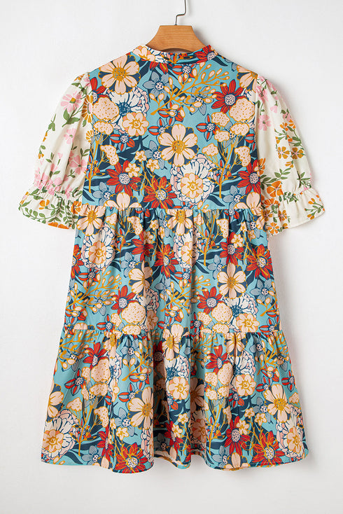 Multicolour Boho Floral Print Crochet Patchwork V Neck Loose Mini Dress