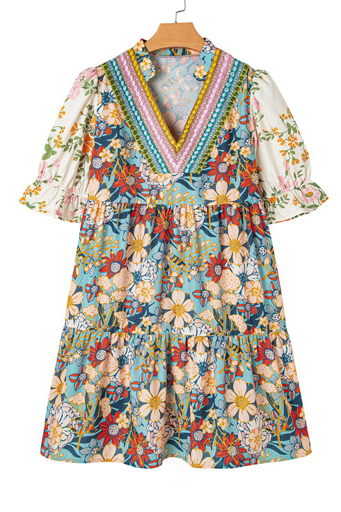 Multicolour Boho Floral Print Crochet Patchwork V Neck Loose Mini Dress