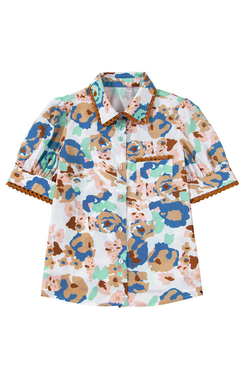 Multicolour Floral Print Ricrac Trim Collared Puff Short Sleeve Shirt