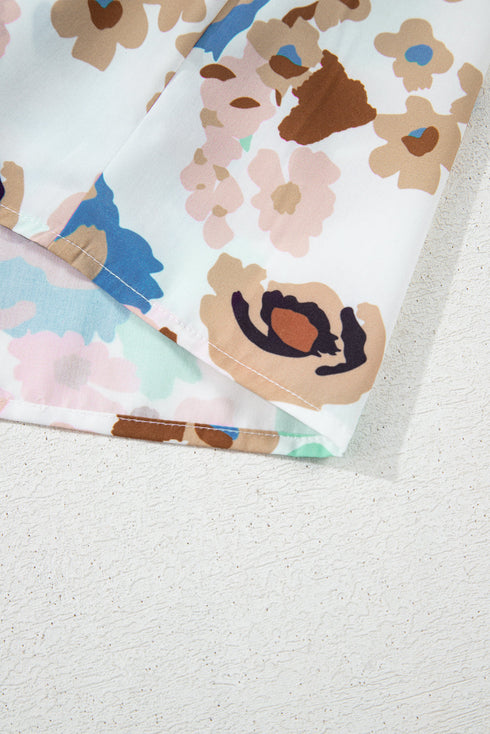 Multicolour Floral Print Ricrac Trim Collared Puff Short Sleeve Shirt