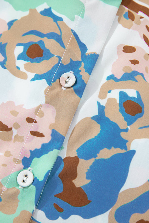 Multicolour Floral Print Ricrac Trim Collared Puff Short Sleeve Shirt