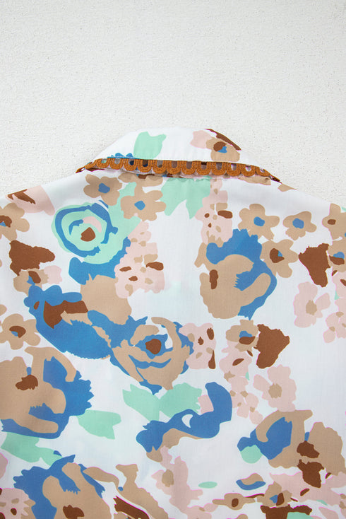 Multicolour Floral Print Ricrac Trim Collared Puff Short Sleeve Shirt
