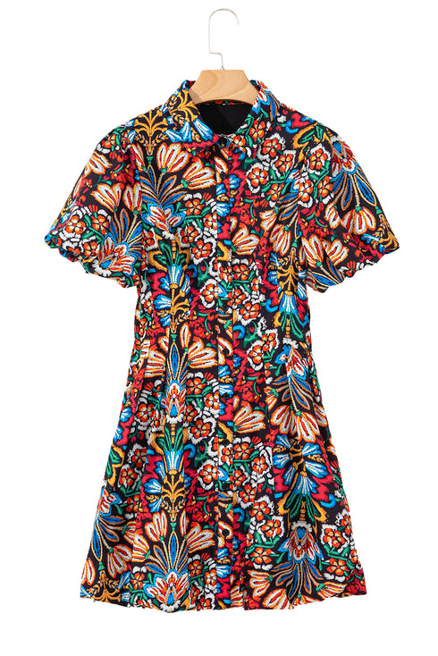 Multicolour Floral Puff Short Sleeve Shirt Mini Dress