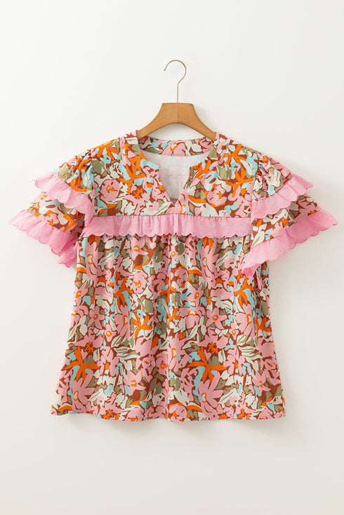 Multicolour Floral Tiered Ruffled Short Sleeve Blouse