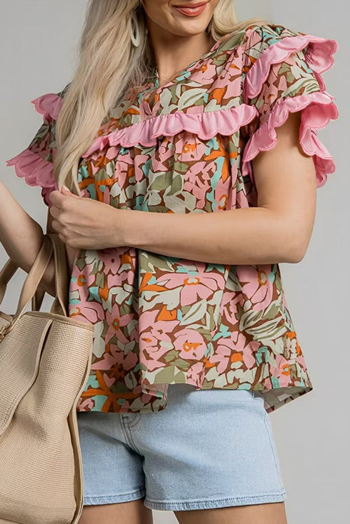 Multicolour Floral Tiered Ruffled Short Sleeve Blouse