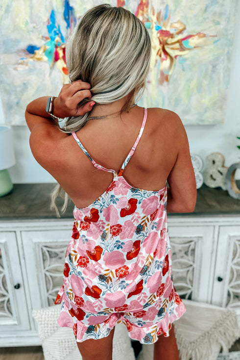Multicolour Floral V Neck Cami Top and Ruffled Shorts Lounge Set