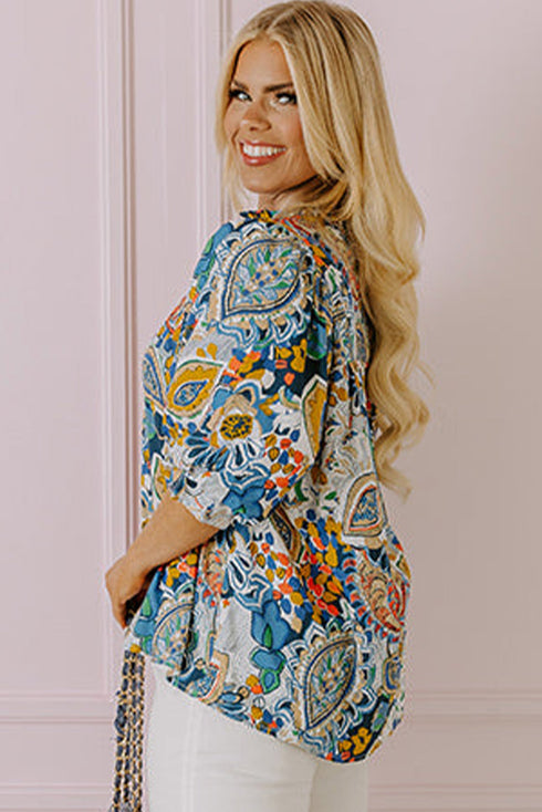 Multicolour Plus Size Floral Print Half Sleeve Slit Neck Blouse