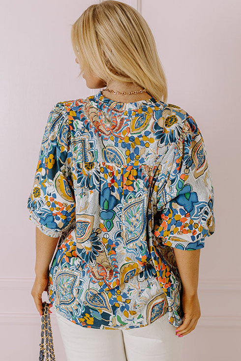 Multicolour Plus Size Floral Print Half Sleeve Slit Neck Blouse