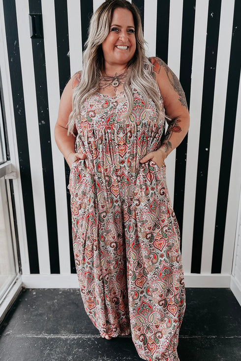 Multicolour Plus Size Paisley Print Sleeveless V Neck Jogger Jumpsuit