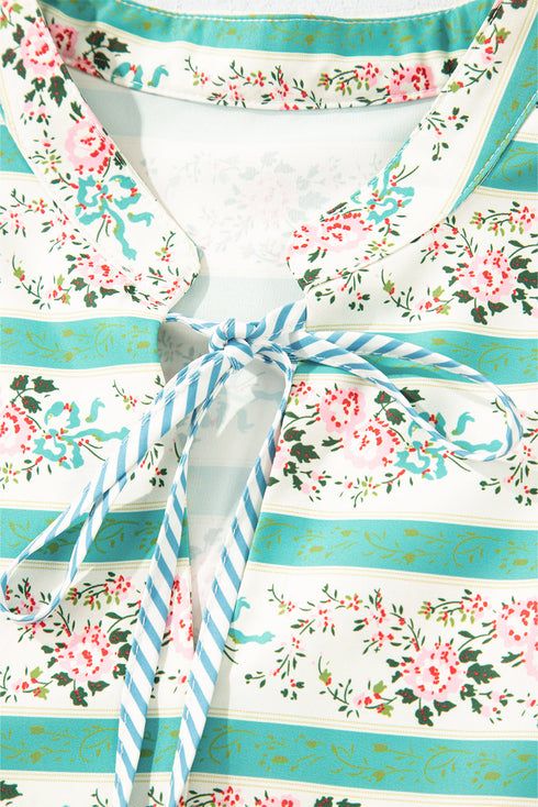 Multicolour Striped Floral Print Tie Split Neck Puff Sleeve Midi Dress