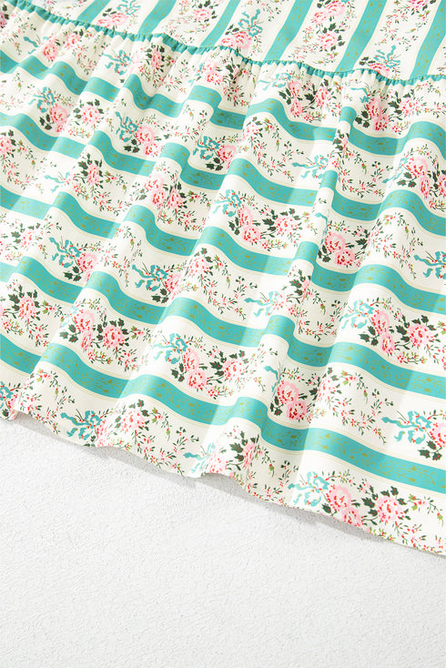 Multicolour Striped Floral Print Tie Split Neck Puff Sleeve Midi Dress