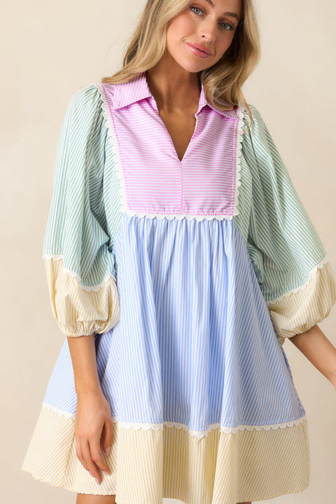 Multicolour Striped Patchwork Ric Rac Puff Sleeve Collared Mini Dress
