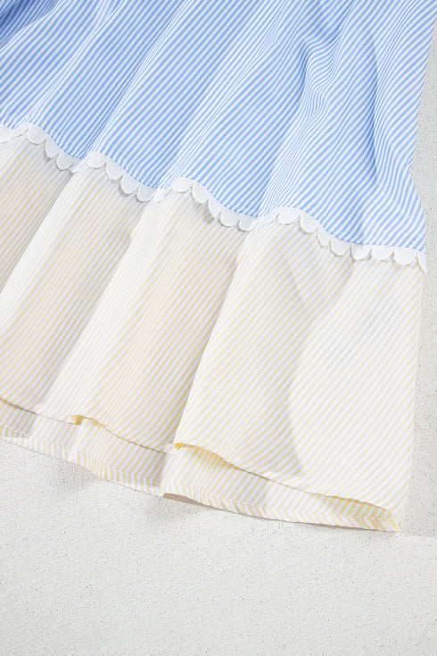 Multicolour Striped Patchwork Ric Rac Puff Sleeve Collared Mini Dress