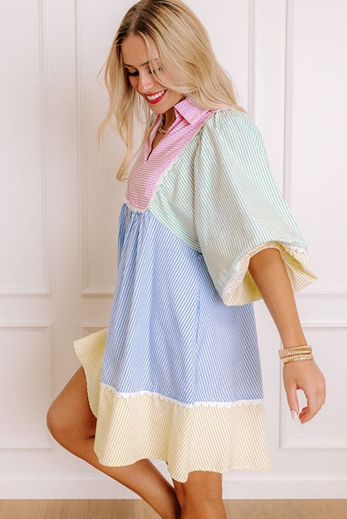 Multicolour Striped Patchwork Ric Rac Puff Sleeve Collared Mini Dress