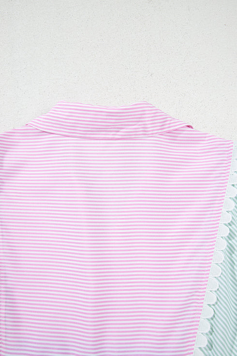 Multicolour Striped Patchwork Ric Rac Puff Sleeve Collared Mini Dress