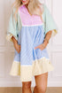 Multicolour Striped Patchwork Ric Rac Puff Sleeve Collared Mini Dress