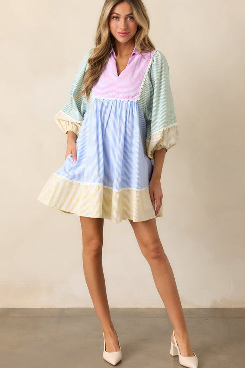 Multicolour Striped Patchwork Ric Rac Puff Sleeve Collared Mini Dress