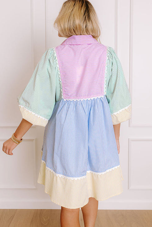 Multicolour Striped Patchwork Ric Rac Puff Sleeve Collared Mini Dress