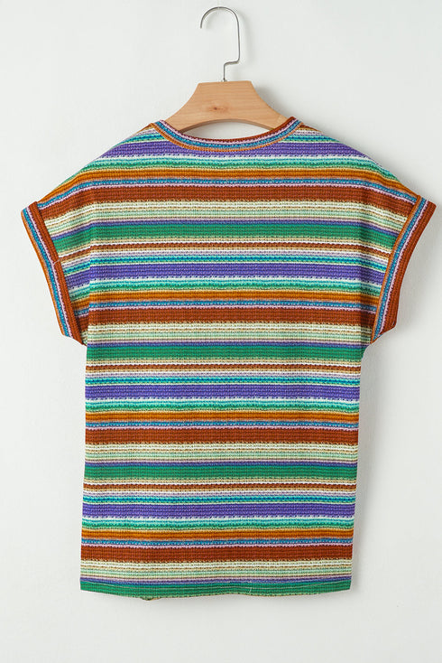 Multicolour Striped Pattern Twist Hem Short Sleeve Top