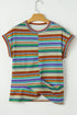 Multicolour Striped Pattern Twist Hem Short Sleeve Top