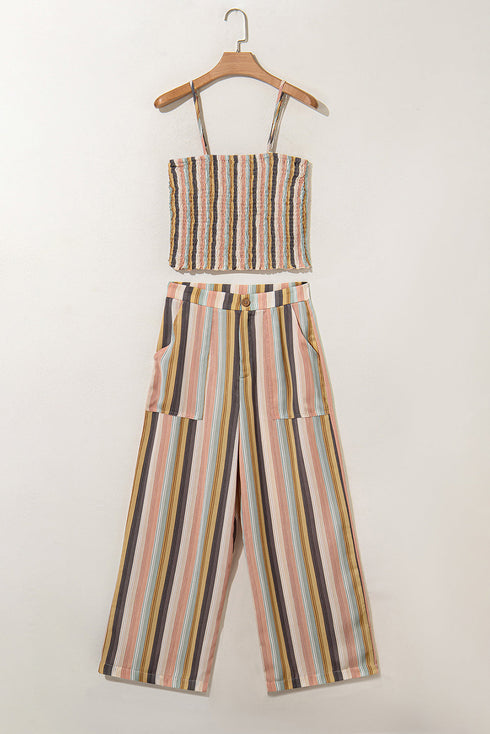 Multicolour Vertical Striped Smocked Cami Top Wide Leg Pants Set
