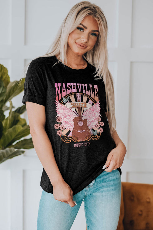 Music City Graphic Print Crew Neck Short Sleeve Tee
