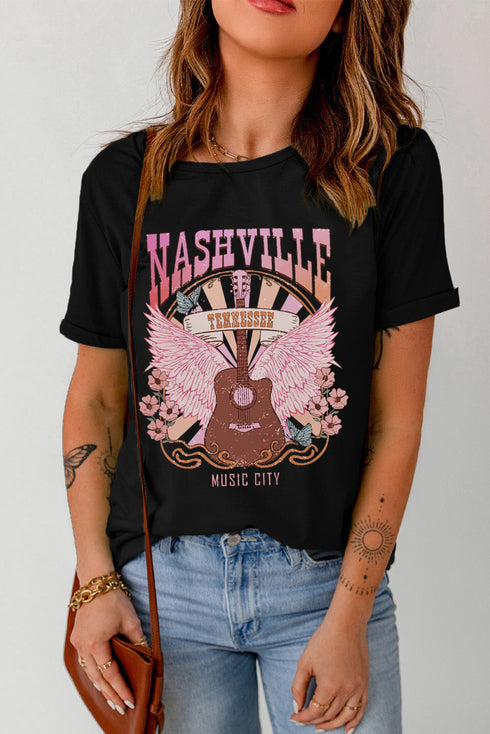 Music City Graphic Print Crew Neck Short Sleeve Tee