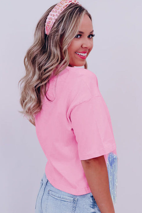 Music City Sequin Graphic Fringed Hem Cotton Tee