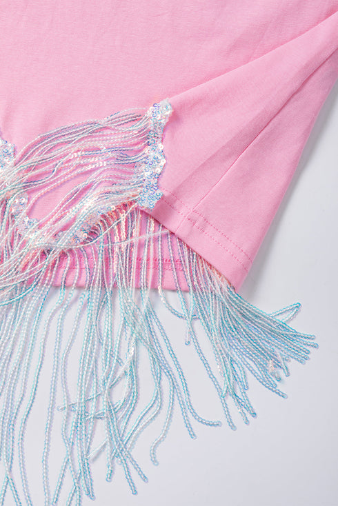 Music City Sequin Graphic Fringed Hem Cotton Tee