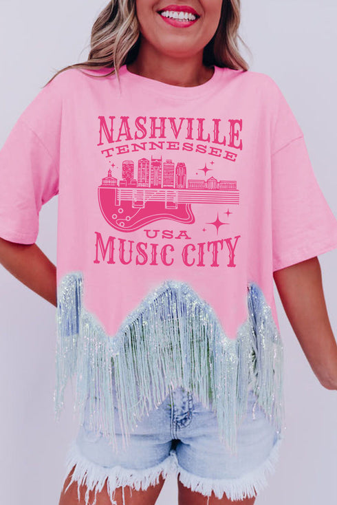 Music City Sequin Graphic Fringed Hem Cotton Tee