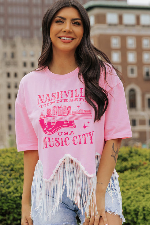 Music City Sequin Graphic Fringed Hem Cotton Tee