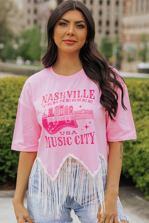 Music City Sequin Graphic Fringed Hem Cotton Tee