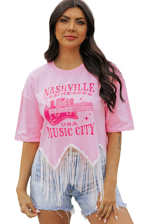 Music City Sequin Graphic Fringed Hem Cotton Tee