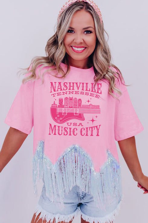 Music City Sequin Graphic Fringed Hem Cotton Tee